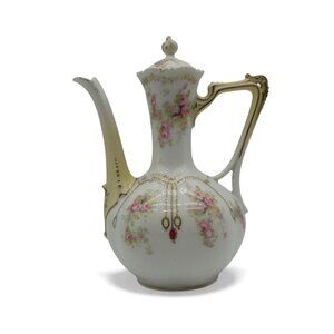 Antique RS PRUSSIA Porcelain Chocolate Pot Pink Floral & Gold Trim 8.6"